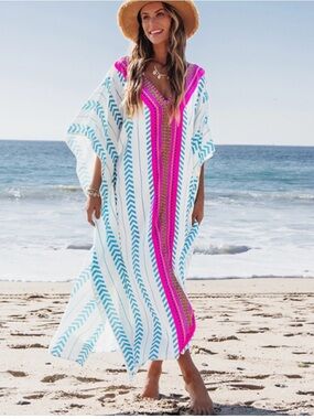 Popvil Folklore Asymmetry Stripes Basic Full Print Vacation Cover-Ups S/M